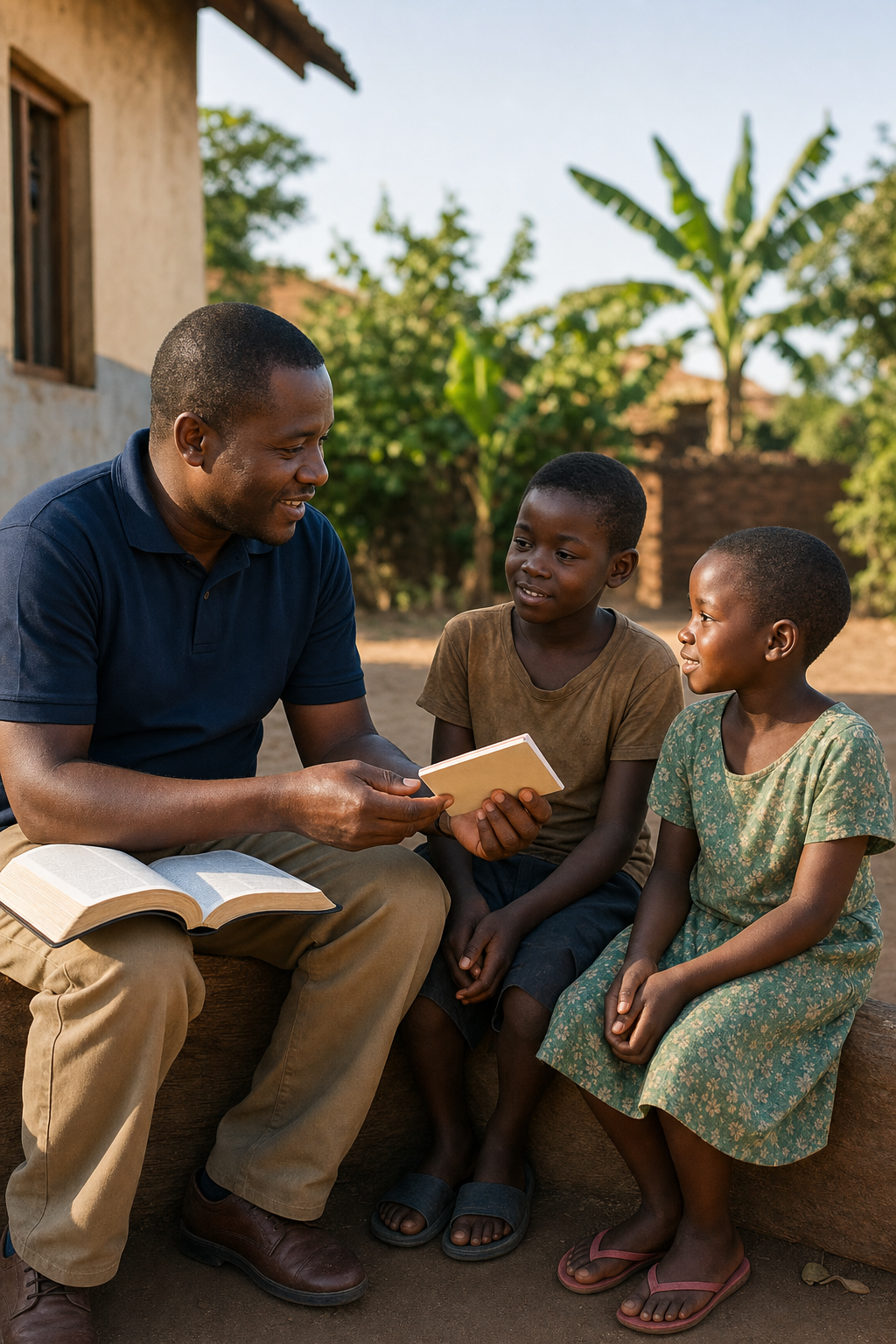 Ministry worker sharing a Gospel tract and Bible lesson with children